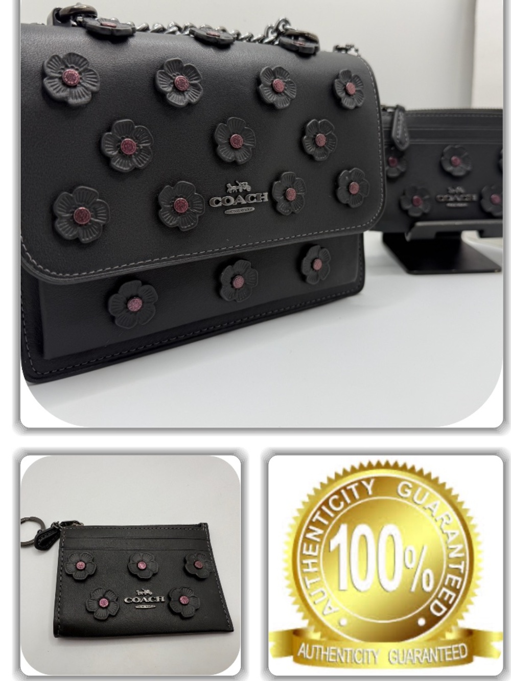 COUTURE COACH "LIMITED EDITION" TEA ROSE BLACK LEATHER CARD HOLDER/BAG BUNDLE!